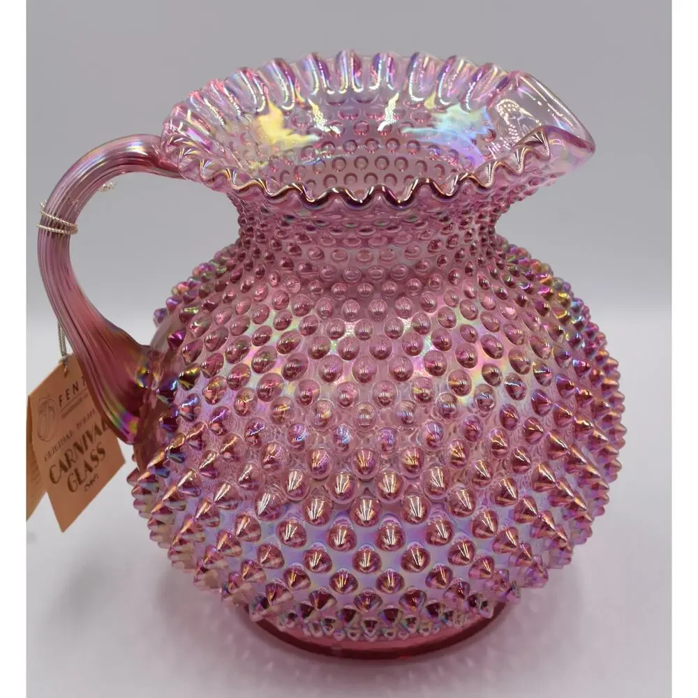 Vintage Fenton Hobnail Pink Opalescent Carnival Glass Art Crimped Top Pitcher